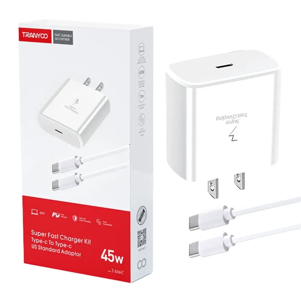 Cargador 45W Tipo-C a Tipo-C Carga Súper Rápida TRANYOO T-SA6C Blanco