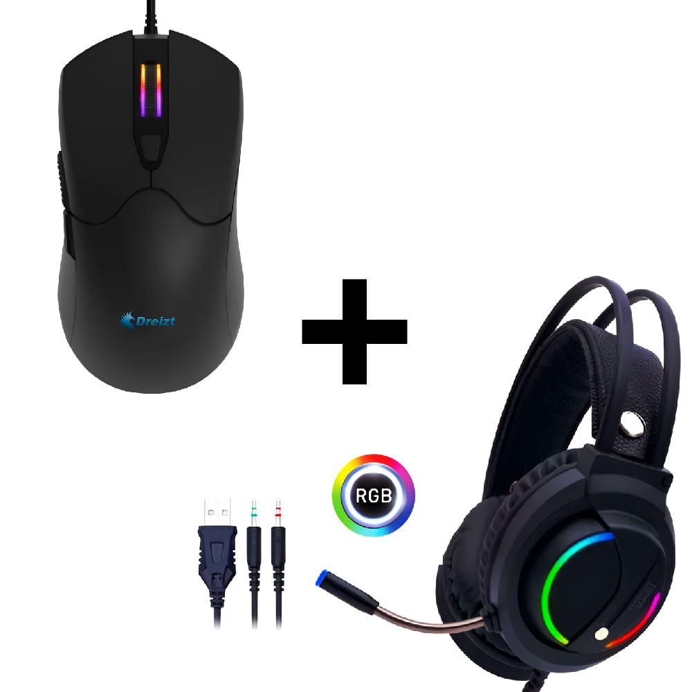 Combo Audífonos Gamer D5000 PRO Luces RGB + Mouse Gamer Dreizt RGB Mate 12,800 dpi Negro