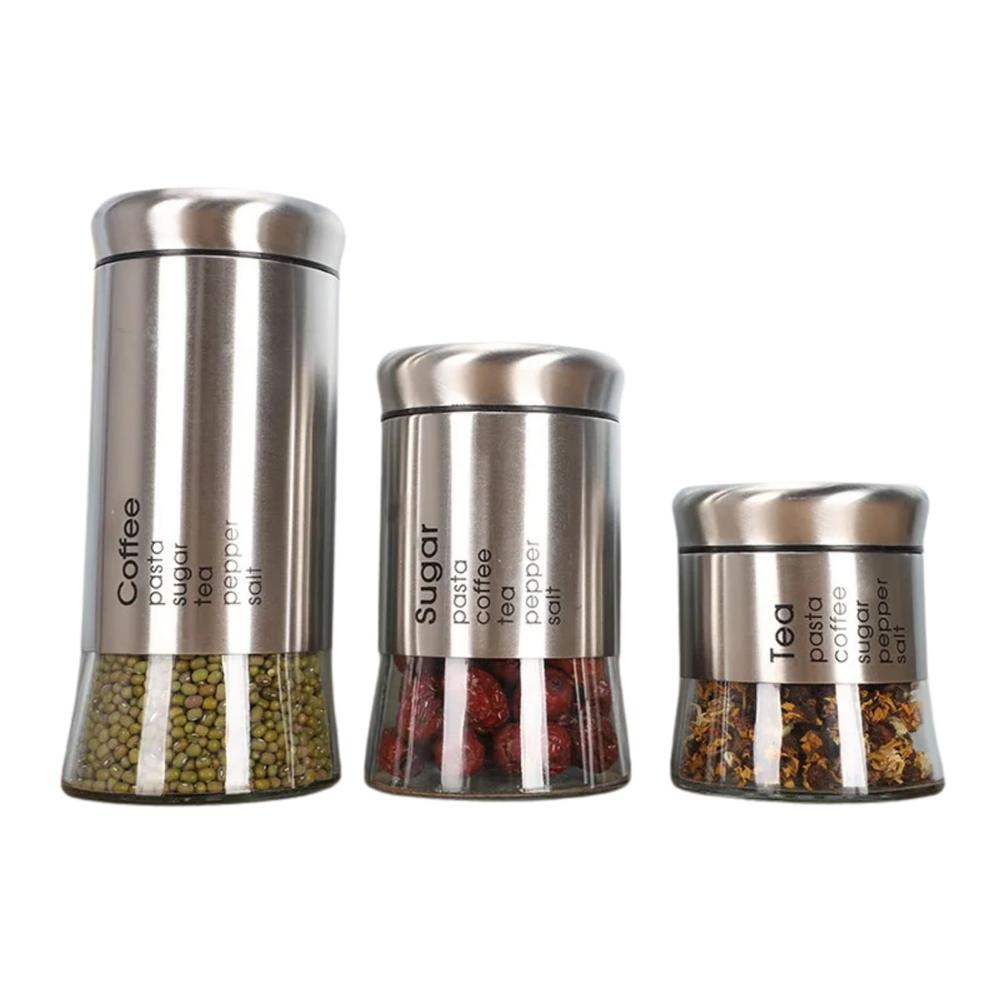 Set 3 Envase Especiero Vidrio Con Tapa Acero Inoxidable