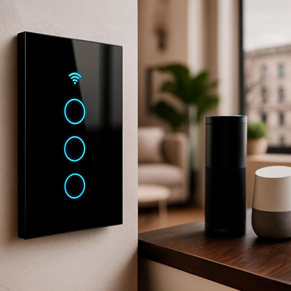 Interruptor de Pared WiFi  3 Tomas - Sin Neutro - Incluye Capacitor - Alexa y Google