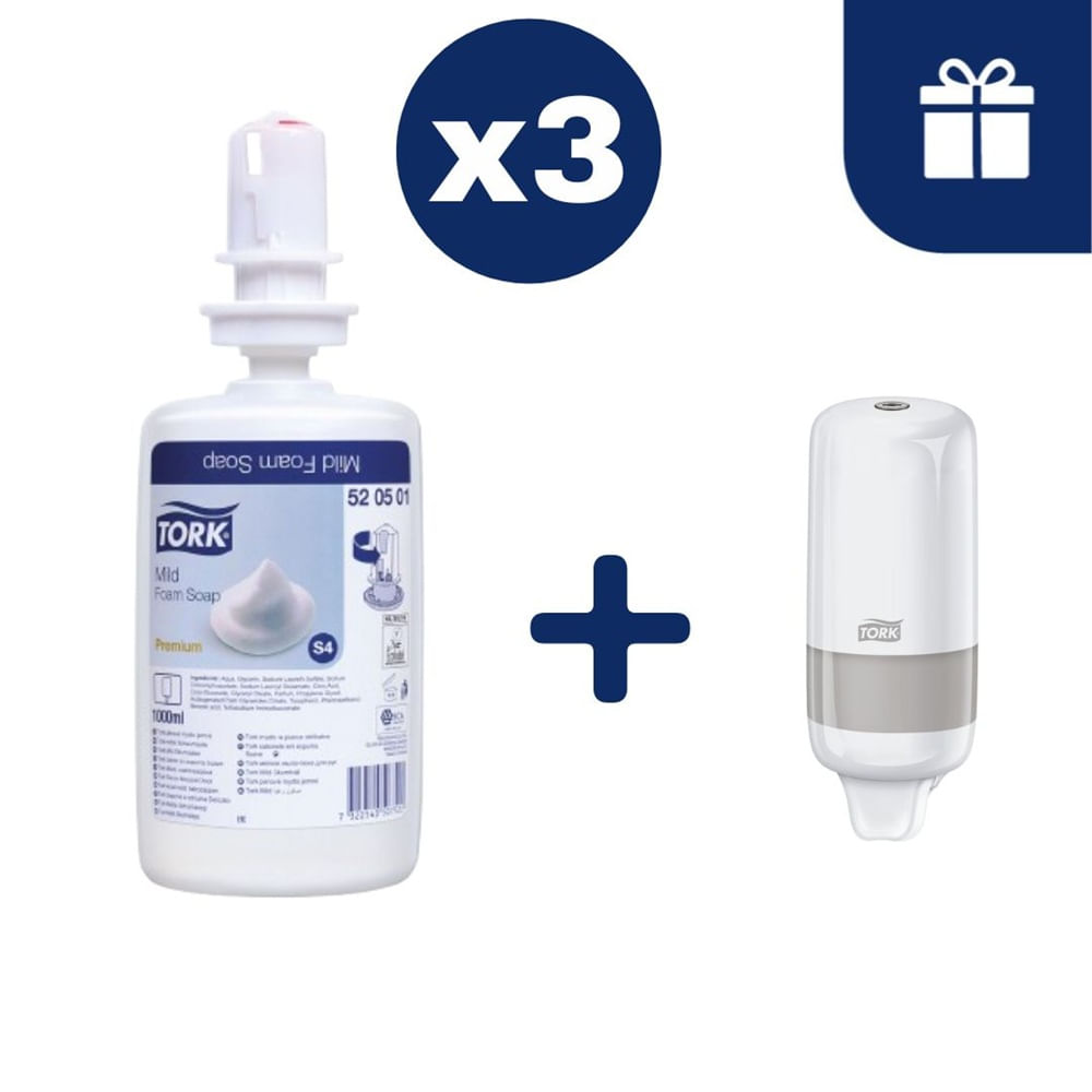 Jabón en Espuma Suave Tork 3 x 1000 Ml + Dispensador Gratis