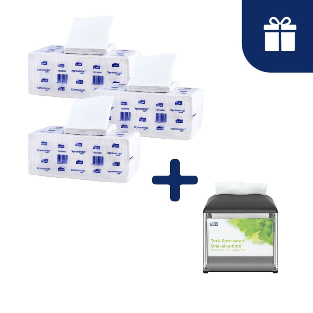 Servilleta Tork Xpressnap Café Blanca 3 x 500un + Dispensador Gratis