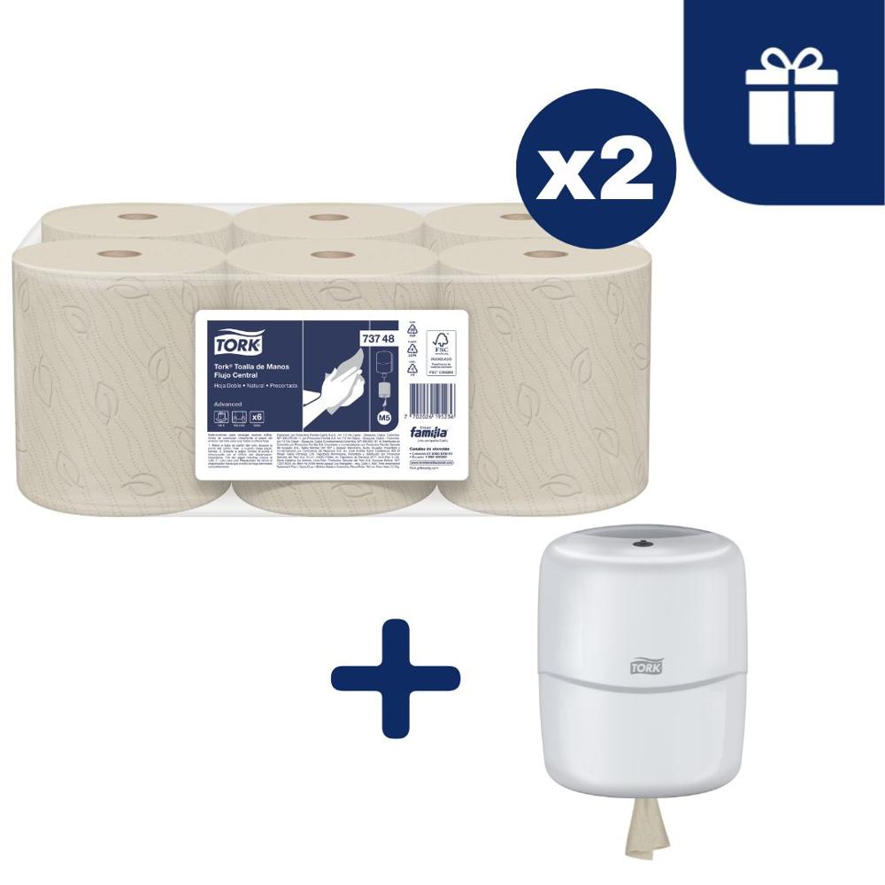 Papel Toalla Precortada Hoja Doble Tork Natural 12 x 120 mts más Dispensador