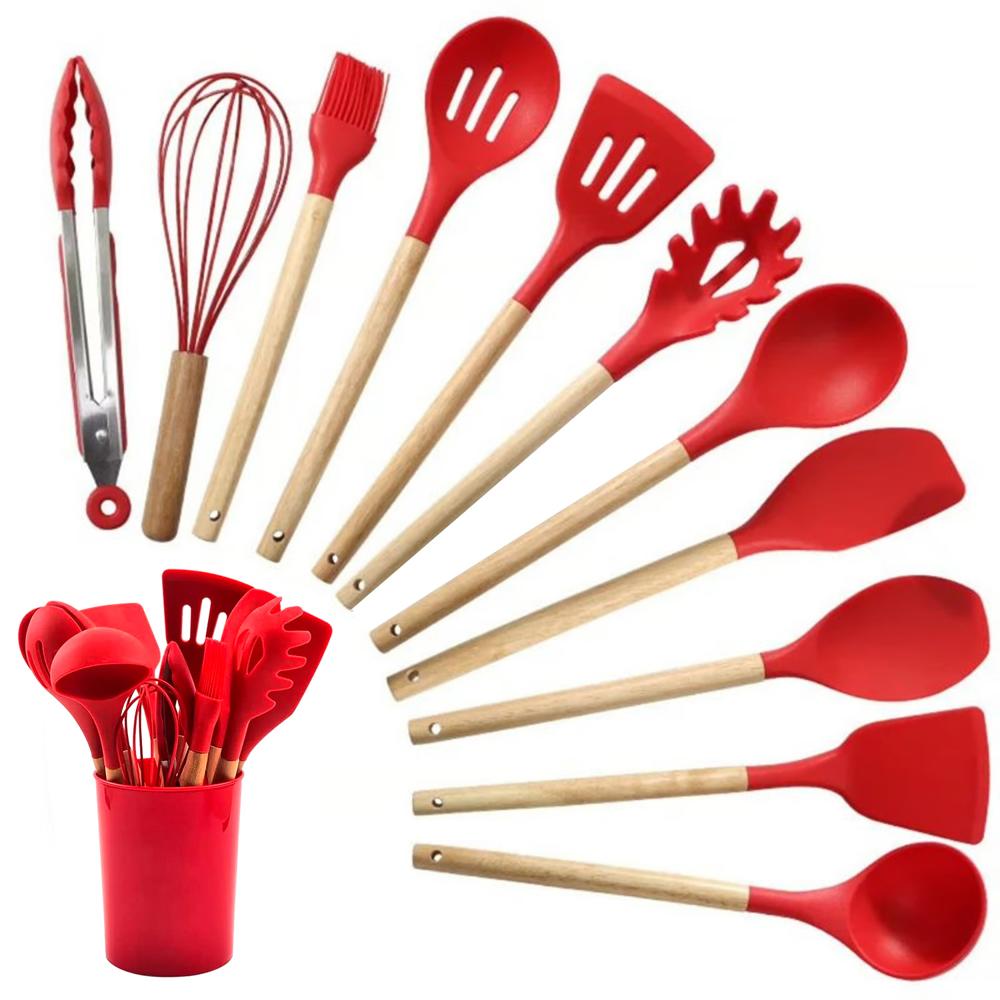 Juego de 12 Utensilios de Silicona para Cocina y Repostería - ROJO
