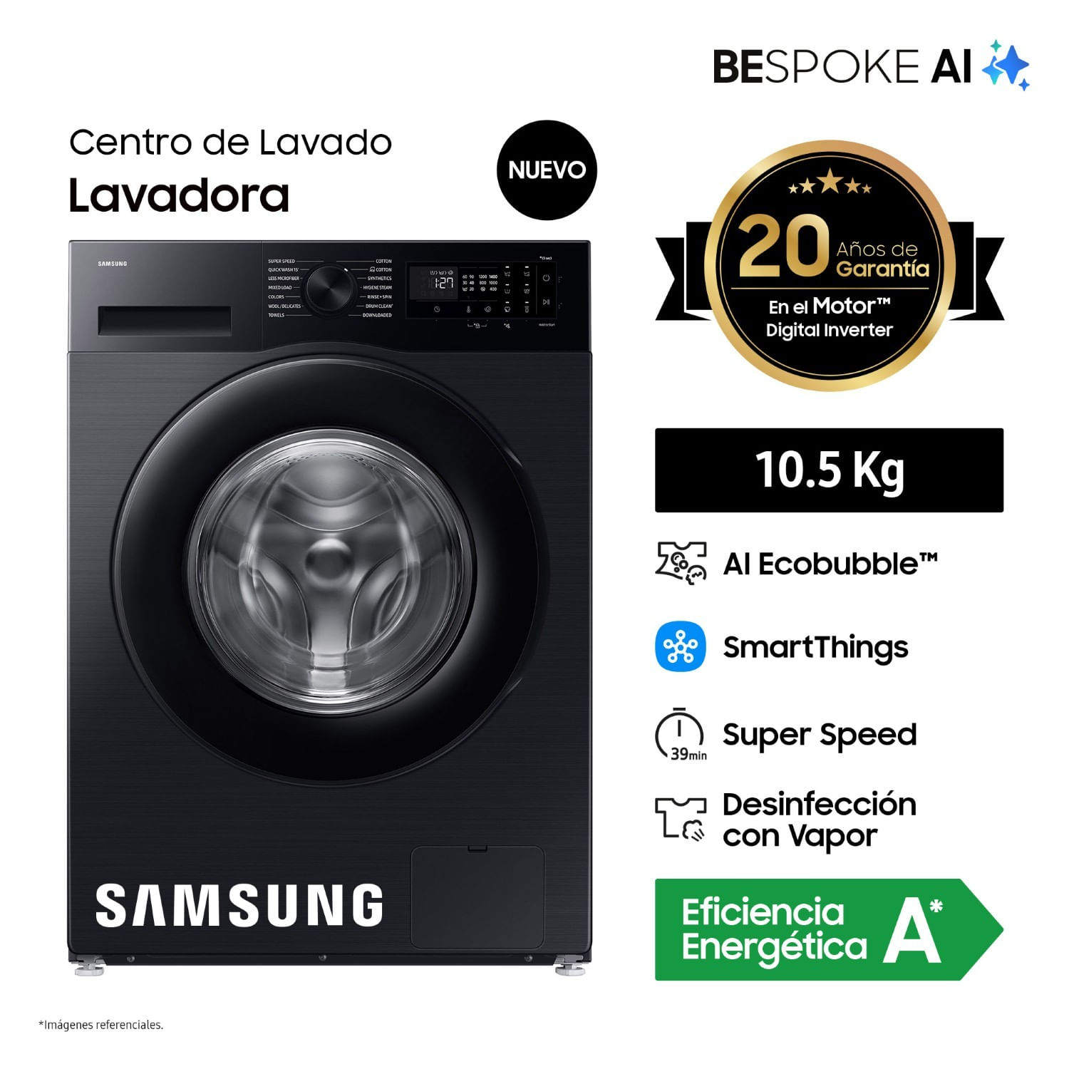 Lavadora Samsung Bespoke AI 10.5Kg WW10DG5U34ABPE Negra