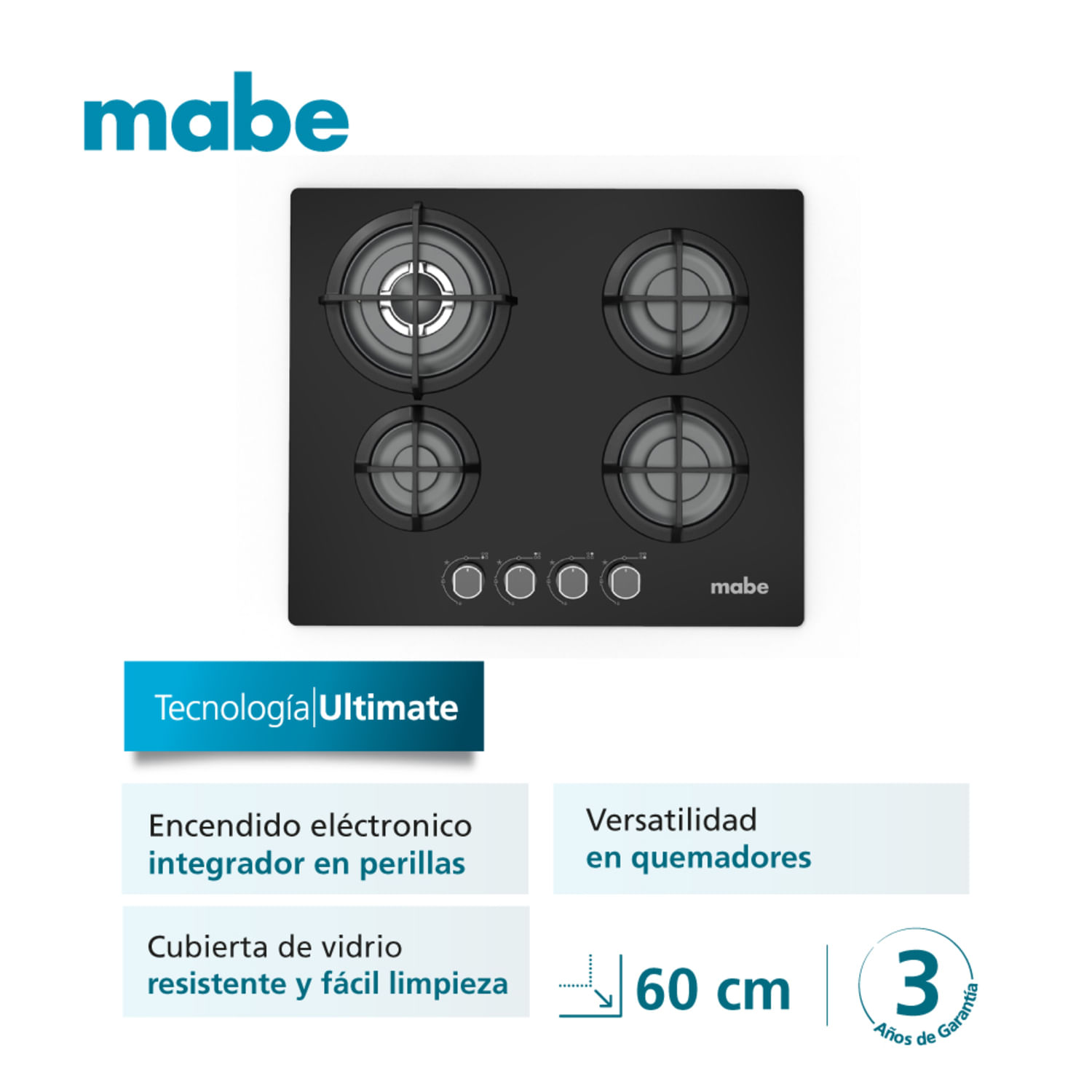 Cocina Empotrable Mabe 4 Hornillas PM6045GV0 Vidrio Negro