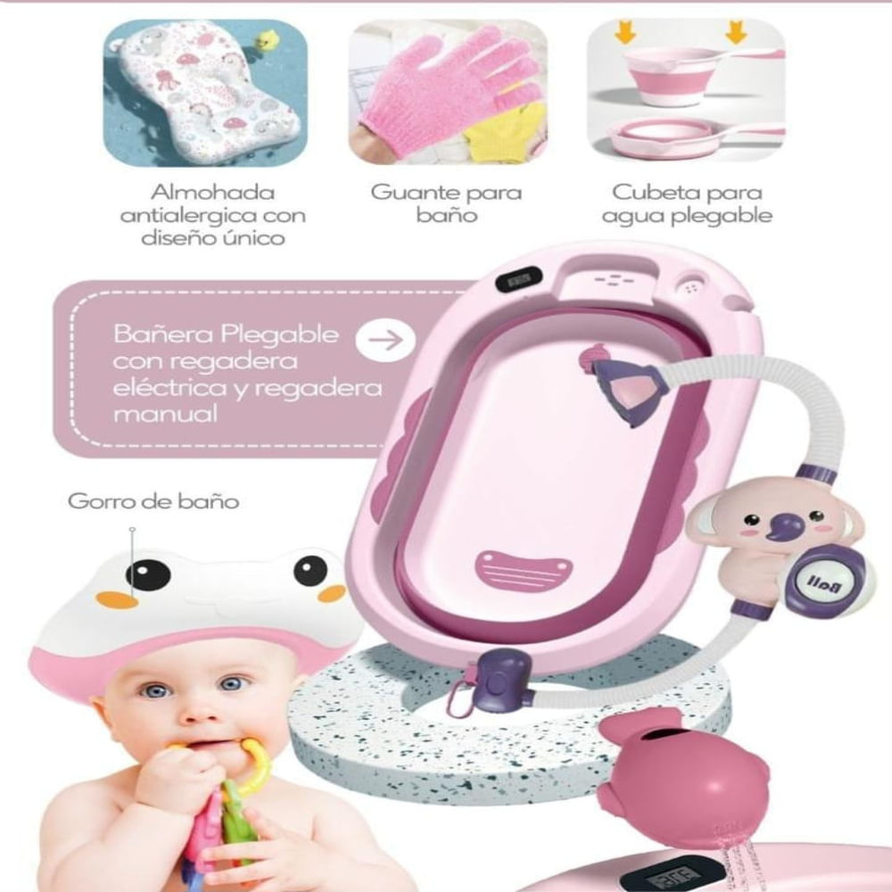Bañera Para bebes Con Regadera Cojin Guante Gorrito Cubeta Para Agua Rosa