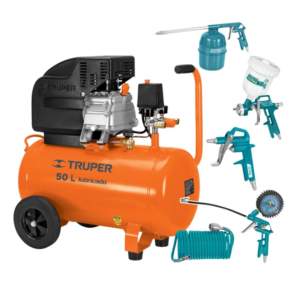 Compresora 50 Litros Truper + Kit Neumático 5 piezas Total 11837-TATK053-1