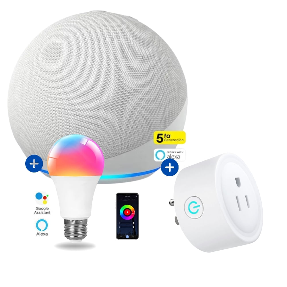 Amazon Echo Dot 5ta Gen Blanco + foco inteligente + enchufe Smart