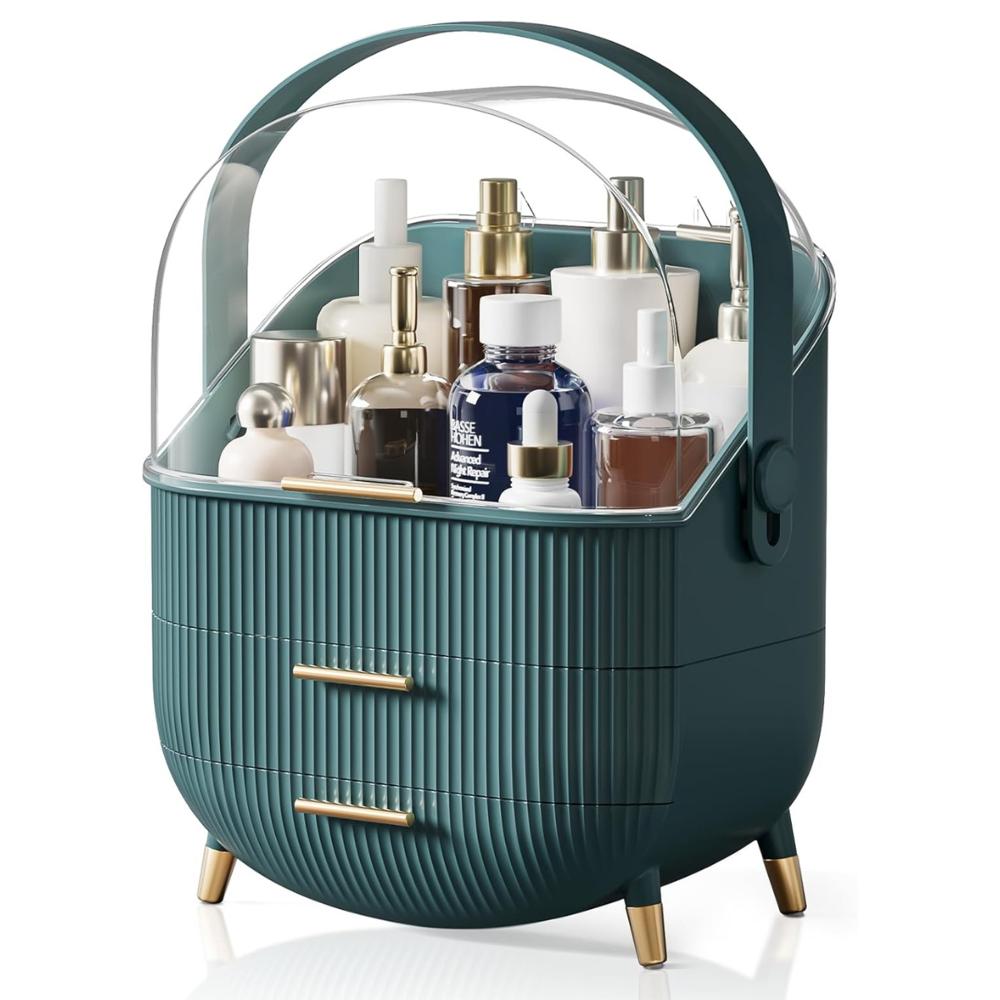 Organizador De Maquillaje Porta Cosméticos Con Asa y Cajón Verde 457VR02