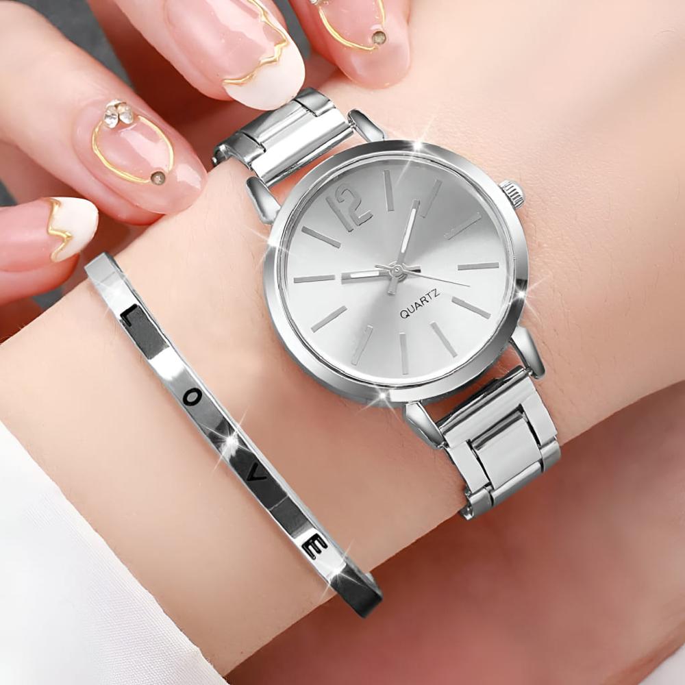 Reloj De Mujer Y Pulsera PlateadoDiseño Exclusivo Regalo