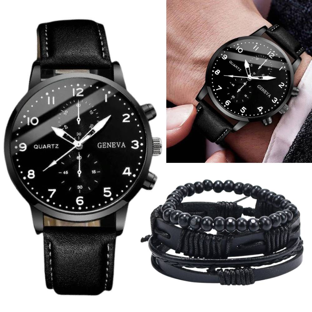 Reloj De Hombre Y Pulsera 4 Piezas Clásico Informal De Cuero