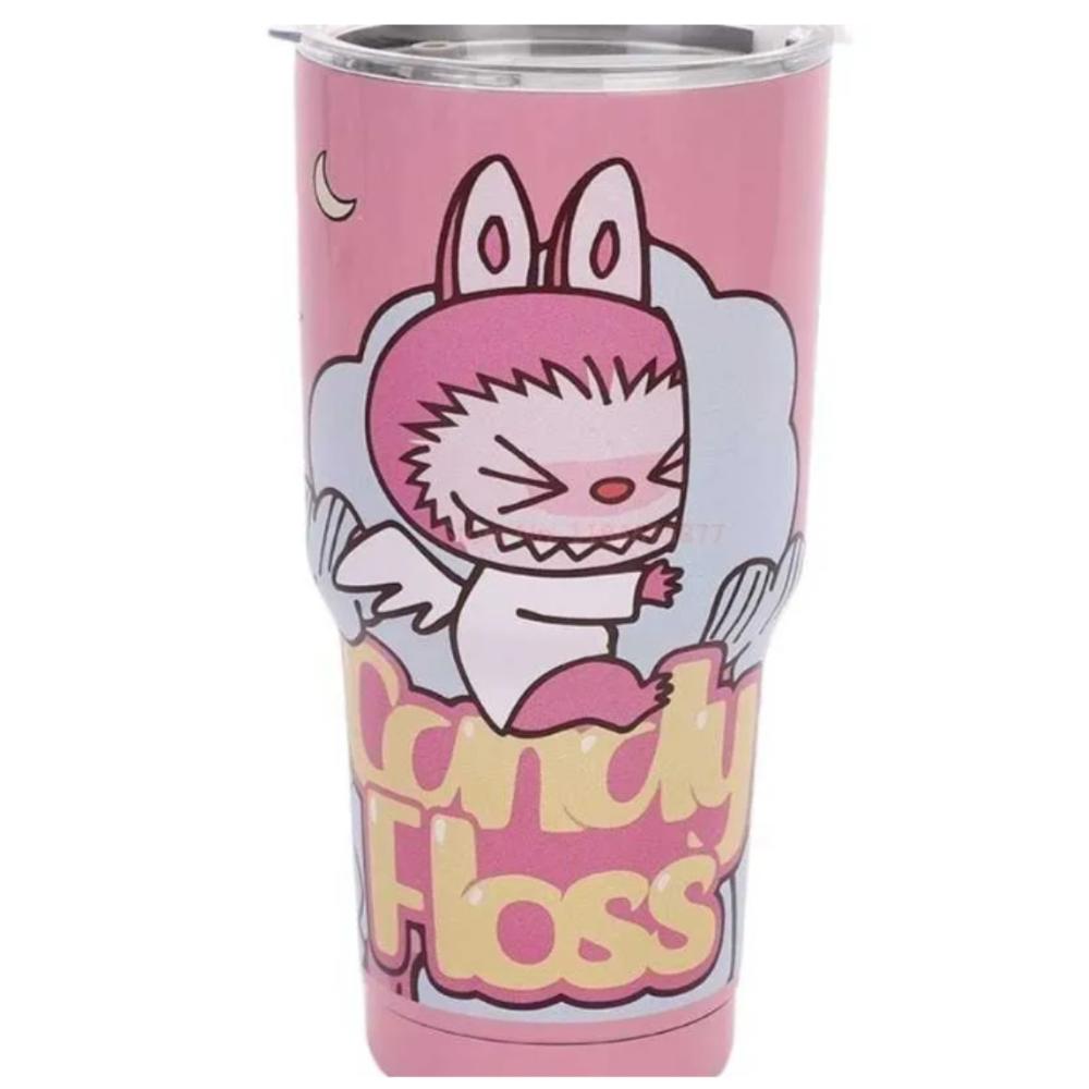 Vaso Térmico Labubu Rosa 1200ml Con Asa Y Pajilla