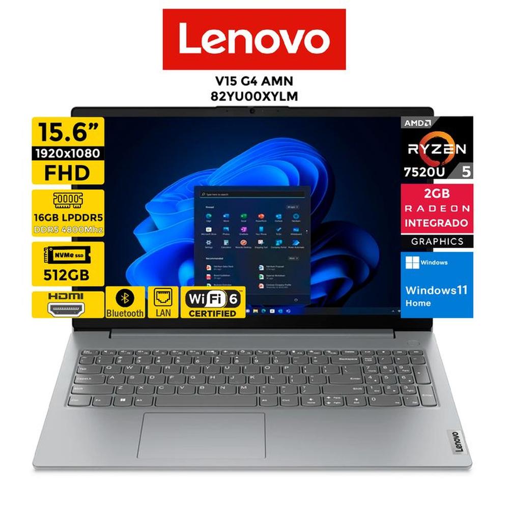 Laptop LENOVO V15 G4 AMN Ryzen 5-7520U Pantalla 15.6"" FHD  16GB 512GB Windows 11