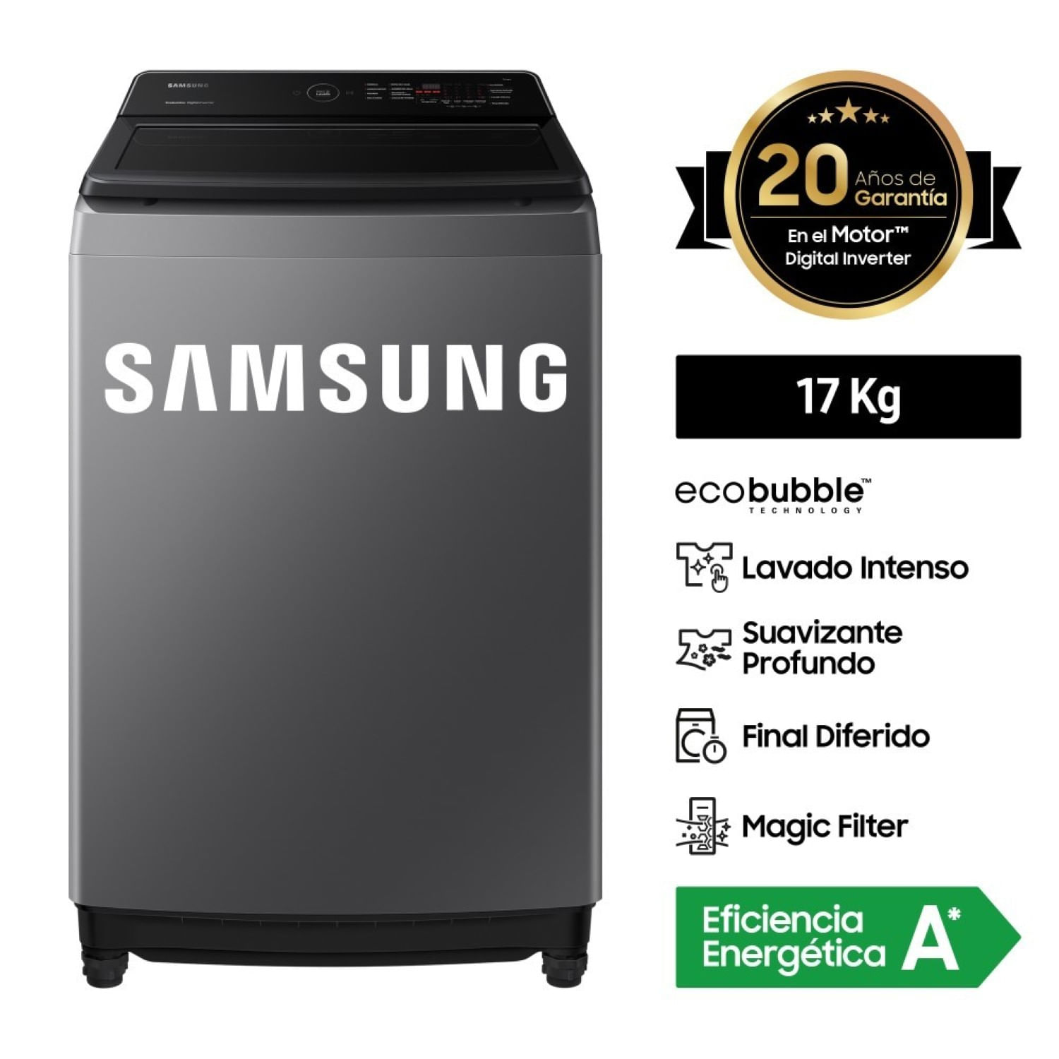 Lavadora Samsung EcoBubble 17 KG Gris WA17CG6441BD/PE