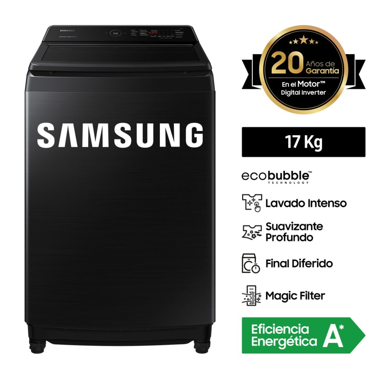 Lavadora Samsung Digital Inverter WA17CG6441BVPE Ecobubble 17 Kg Negro Caviar