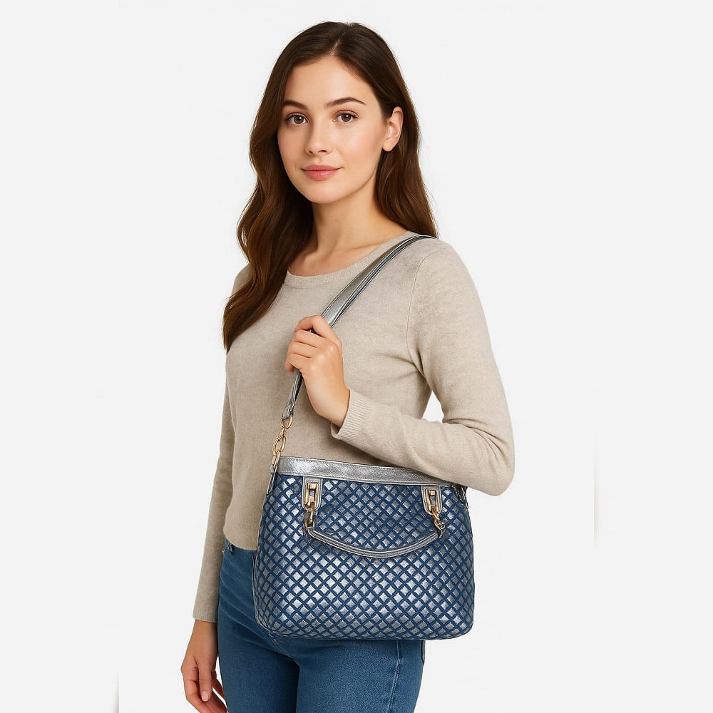 Cartera Dama Elegante Azul Plata Moderna Espaciosa Versátil