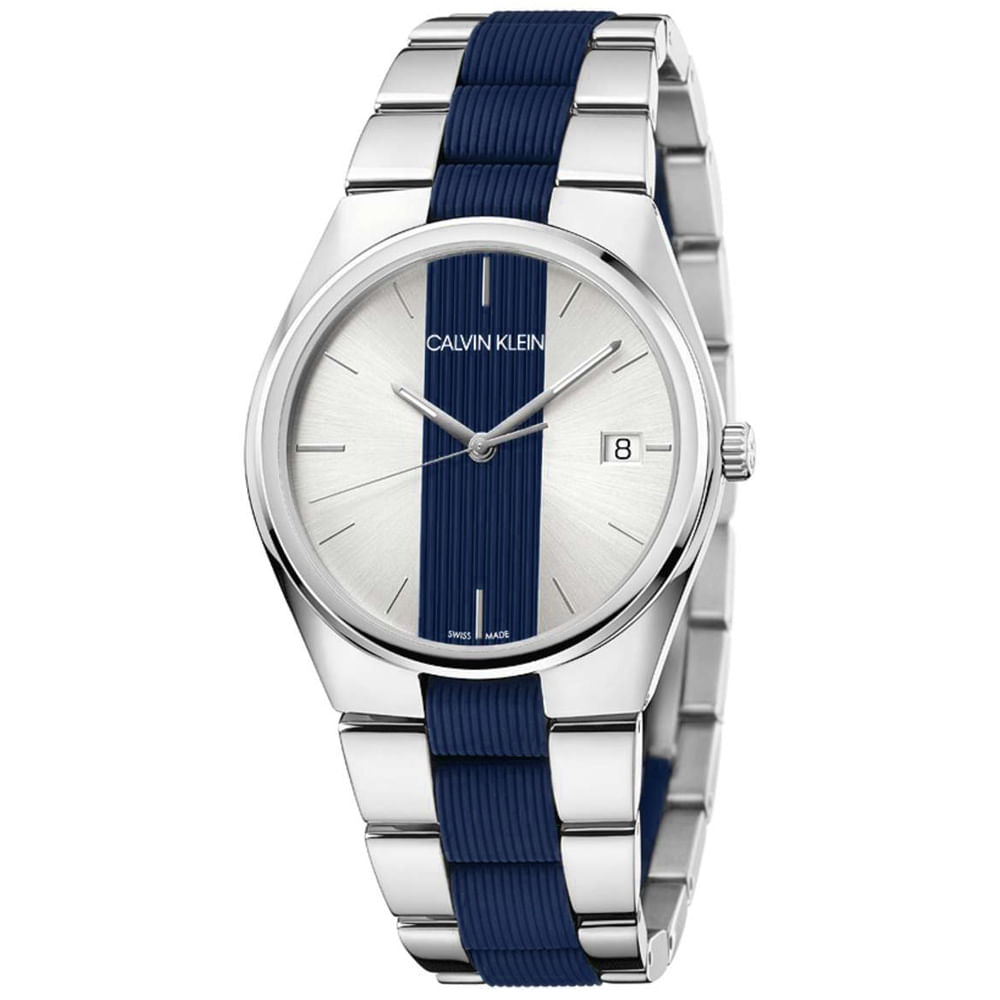 Reloj Calvin Klein Contrast K9E211VX Suizo Cristal de Zafiro Fecha Acero Inoxidable Plateado Azul
