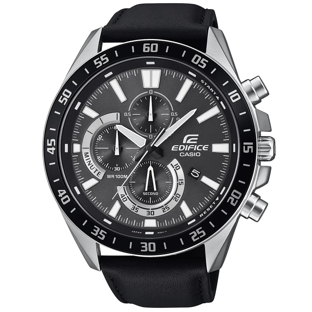 Reloj Casio Edifice EFV-620L-1AV Fecha Cronómetro Correa Cuero Negro Dial Gris Oscuro