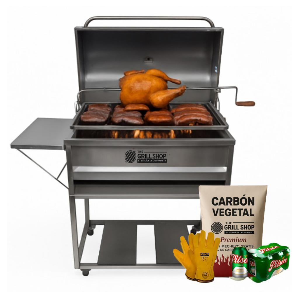 Parrilla Grande Con Tapa de Acero Inoxidable+carbón+cerveza+guantes