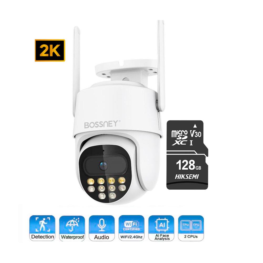 Cámara de Seguridad Bossney BS-H9017 2K con MicroSD 128GB