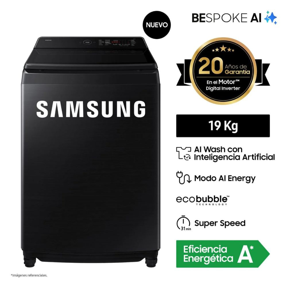 LAVADORA SAMSUNG 19 KG AI WASH ECOBUBBLE WA80F19S8BPE -NEGRA