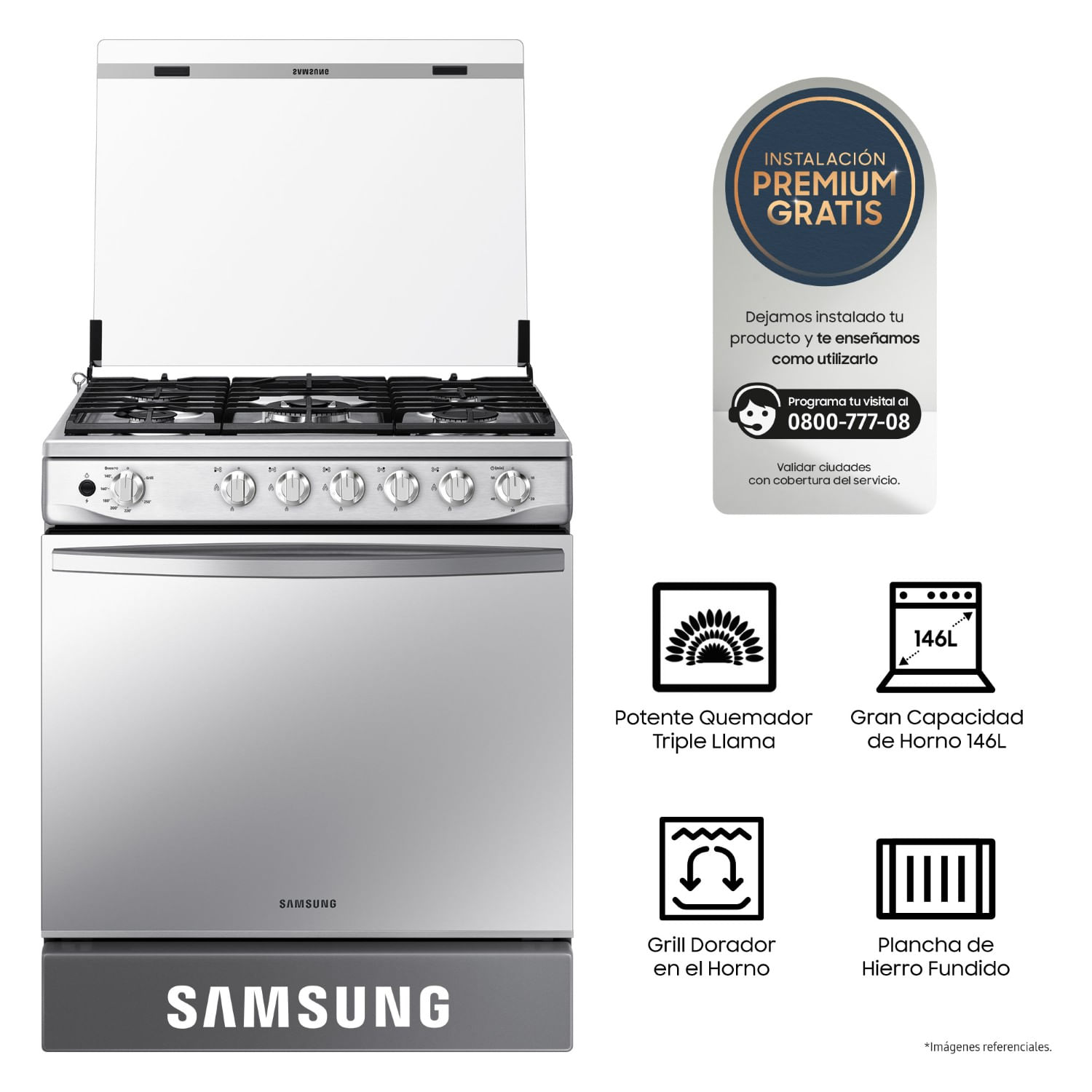 Cocina a Gas Samsung 5 hornillas con Plancha y Grill NX52T7322PSPE