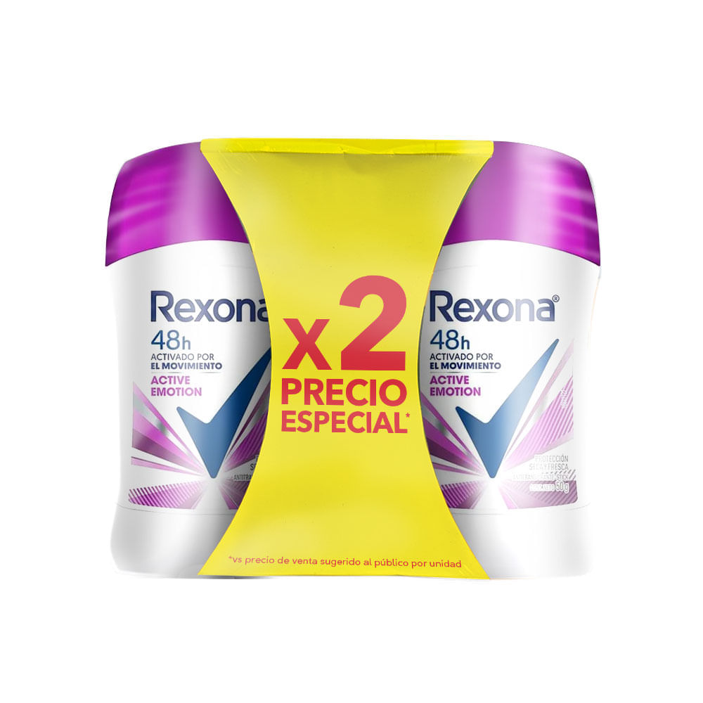Desodorante para Mujer en Barra REXONA Women Active Emotion Frasco 50g Paquete 2un
