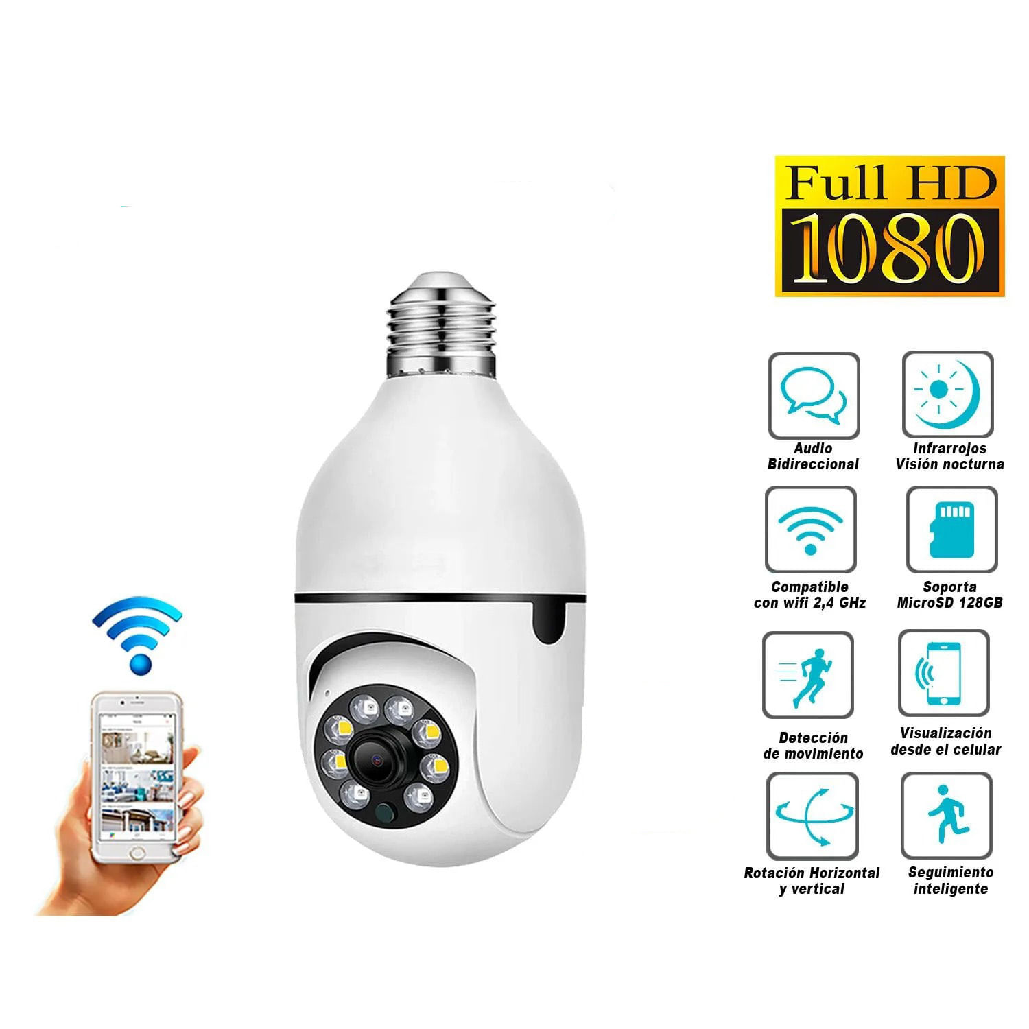 Foco Cámara de Seguridad Inteligente Con Visión Nocturna y Altavoz