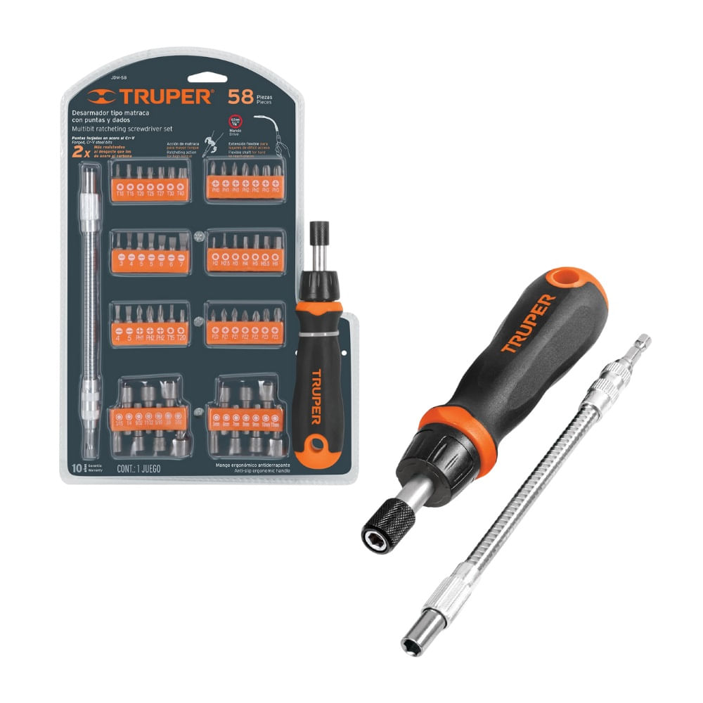 Desarmador tipo matraca con juego de 42 puntas y 14 dados con extension Truper JDM-58