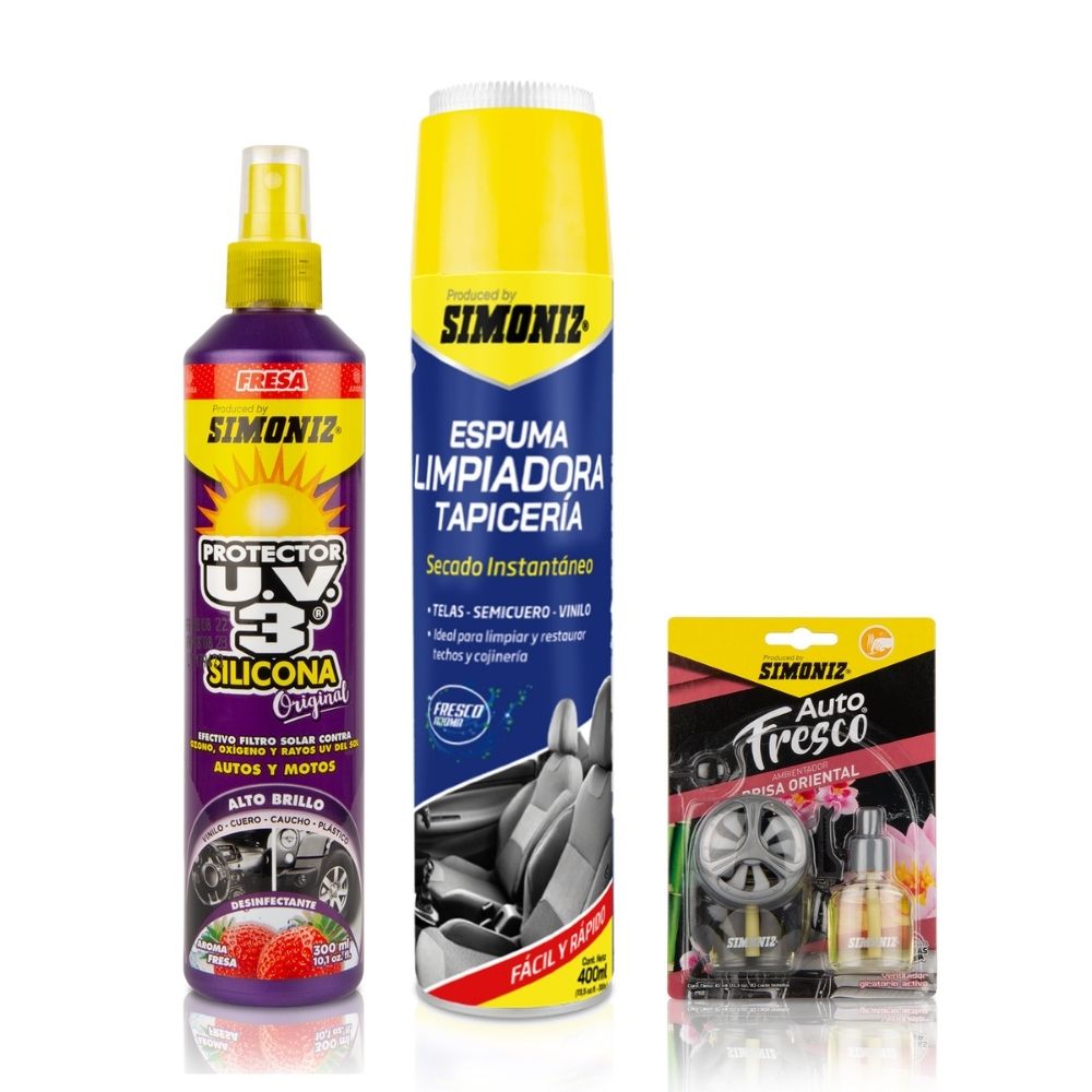 Tripack Limpieza Interiores Simoniz: Ambientador con Reposicion Oriental + Espuma Limpiador Tapiceria 400ml + Silicona UV3 Fresa 300ml