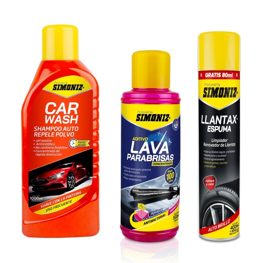 Tripack Limpieza Exteriores Simoniz: Shampoo para auto 1000ml + Aditivo Lava Parabrisas 500ml + Limpiador Removedor de Llantas 480ml