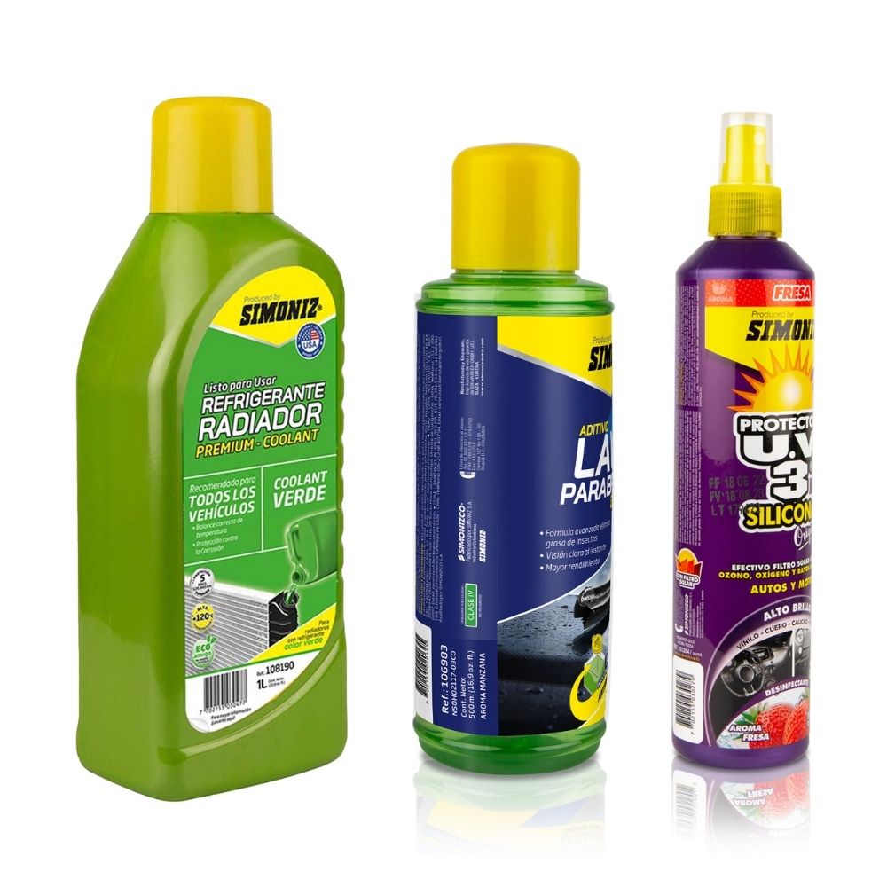 Tripack Mantenimiento Simoniz: Refrigerante Radiador Verde 1000ml + Aditivo Lava Parabrisas Concentrado 500ml + Silicona UV3 Fresa 300ml