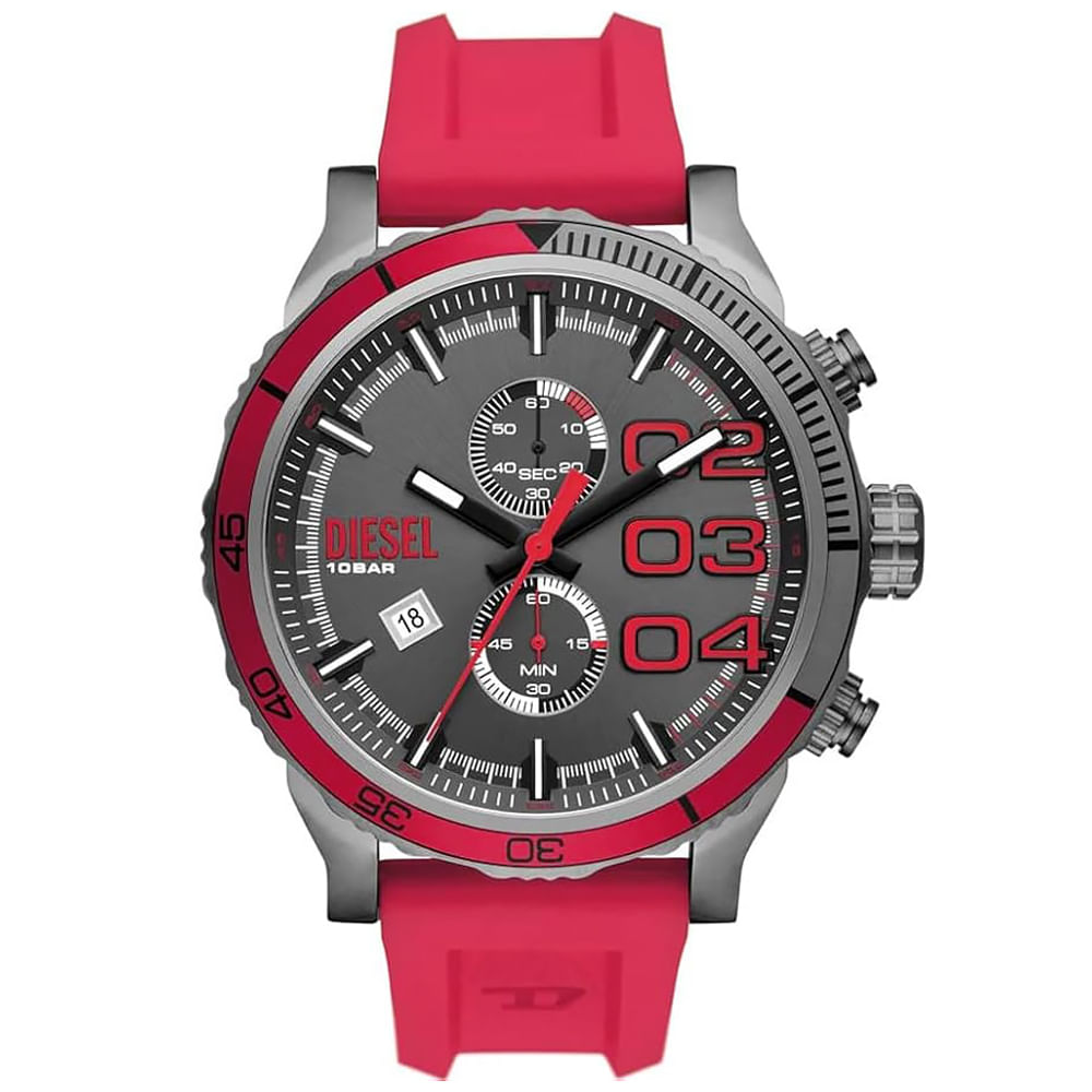 Reloj Diesel Double Down DZ4613 Fecha Cronómetro Acero Gunmetal Correa Silicona Rojo