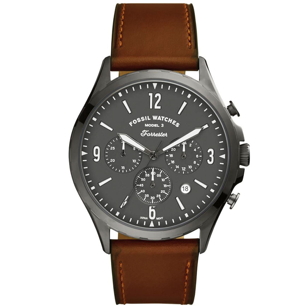 Reloj Fossil Forrester FS5815 Fecha Cronometro Acero Inoxidable Gunmetal Correa de Cuero Marron