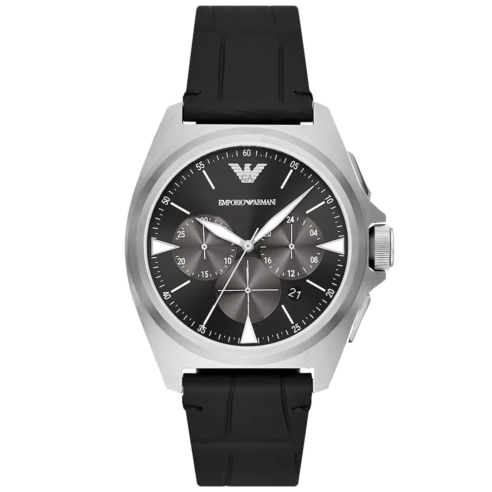 Reloj Emporio Armani Nicola AR11430 Fecha Cronómetro Acero Inoxidable Correa De Cuero Negro