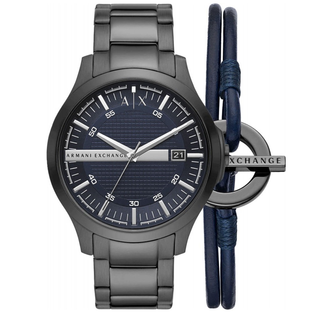 Reloj Armani Exchange Hampton AX7127 Set con Pulsera Fecha Acero Inoxidable Gunmetal Dial Azul