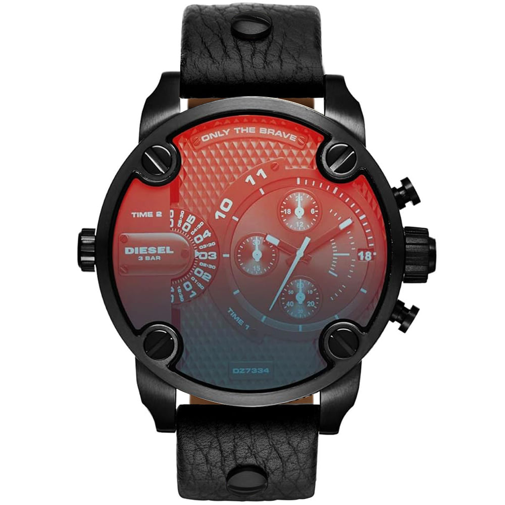 Reloj Diesel Little Daddy DZ7334 Doble Hora Fecha Cronometro Correa Cuero Negro Cristal Iridiscente