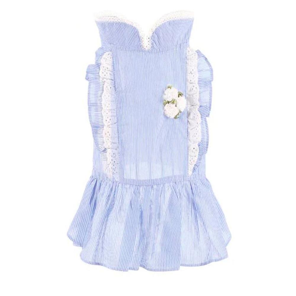 VESTIDO MASCOTA RAYAS AZULES Y RUFFLE RECTO TALLA XL