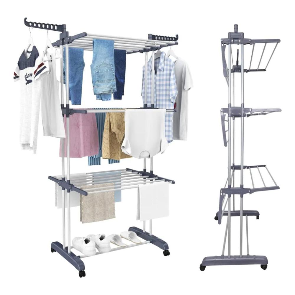 Tendedero de Ropa de 4 Niveles Plegable con Ruedas Gris