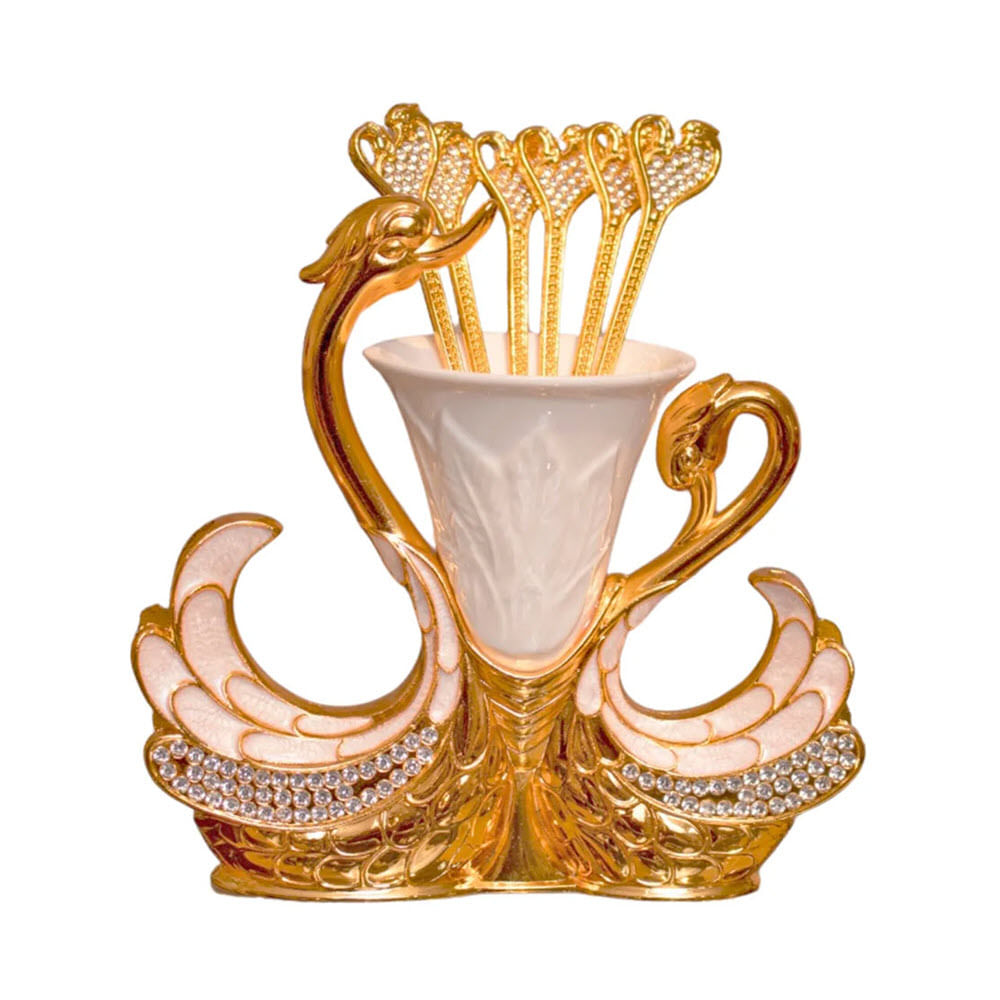 Pack de 6 Cucharas con Porta Cubierto Pareja de Cisnes Oro Panorama Hogar