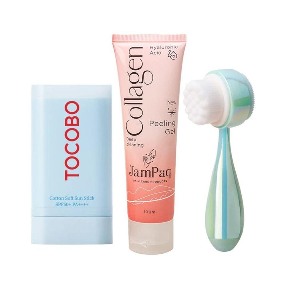 Cepillo Facial + Bloqueador Tocobo + Exfoliante Fa