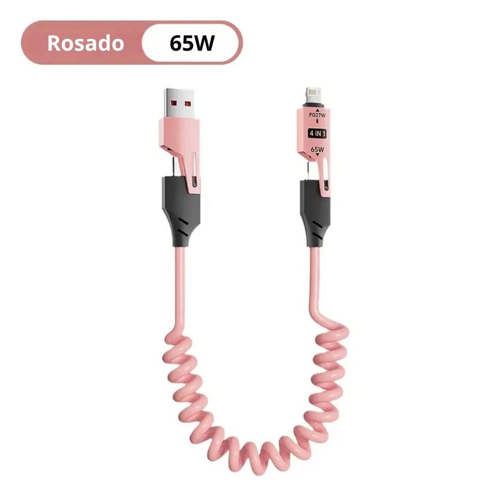 Cable Carga Rápida y Datos Retráctil de 65W 4 en 1 USB + Tipo C +Lightning Rosado