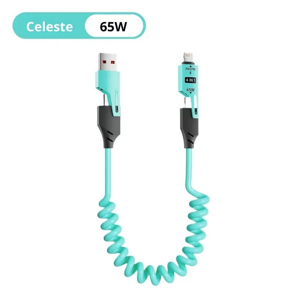 Cable Carga Rápida y Datos Retráctil de 65W 4 en 1 USB + Tipo C +Lightning Celeste