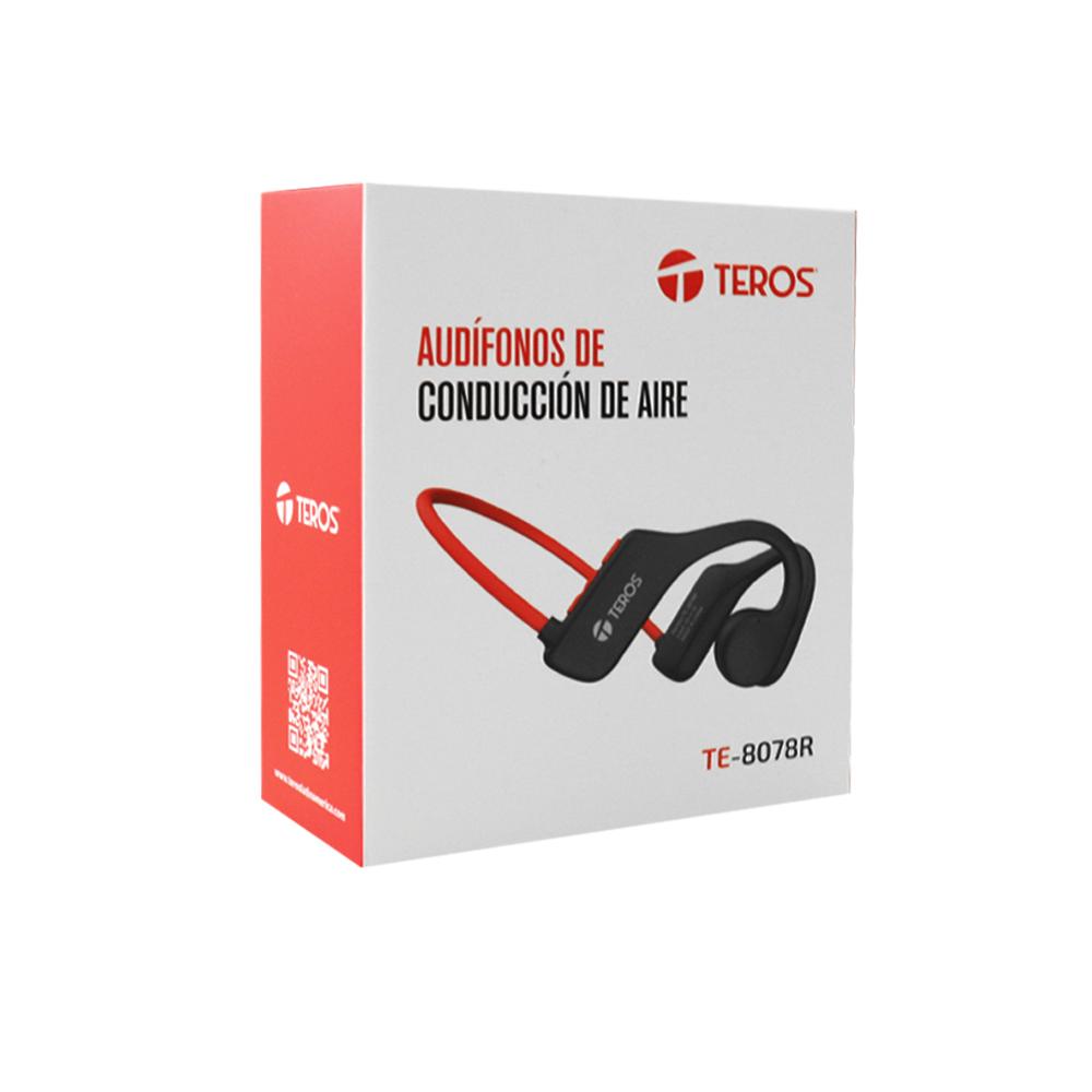 Audífonos Teros TE-8078R Bluetooth de conducción de aire, color rojo y gris, sonido envolvente