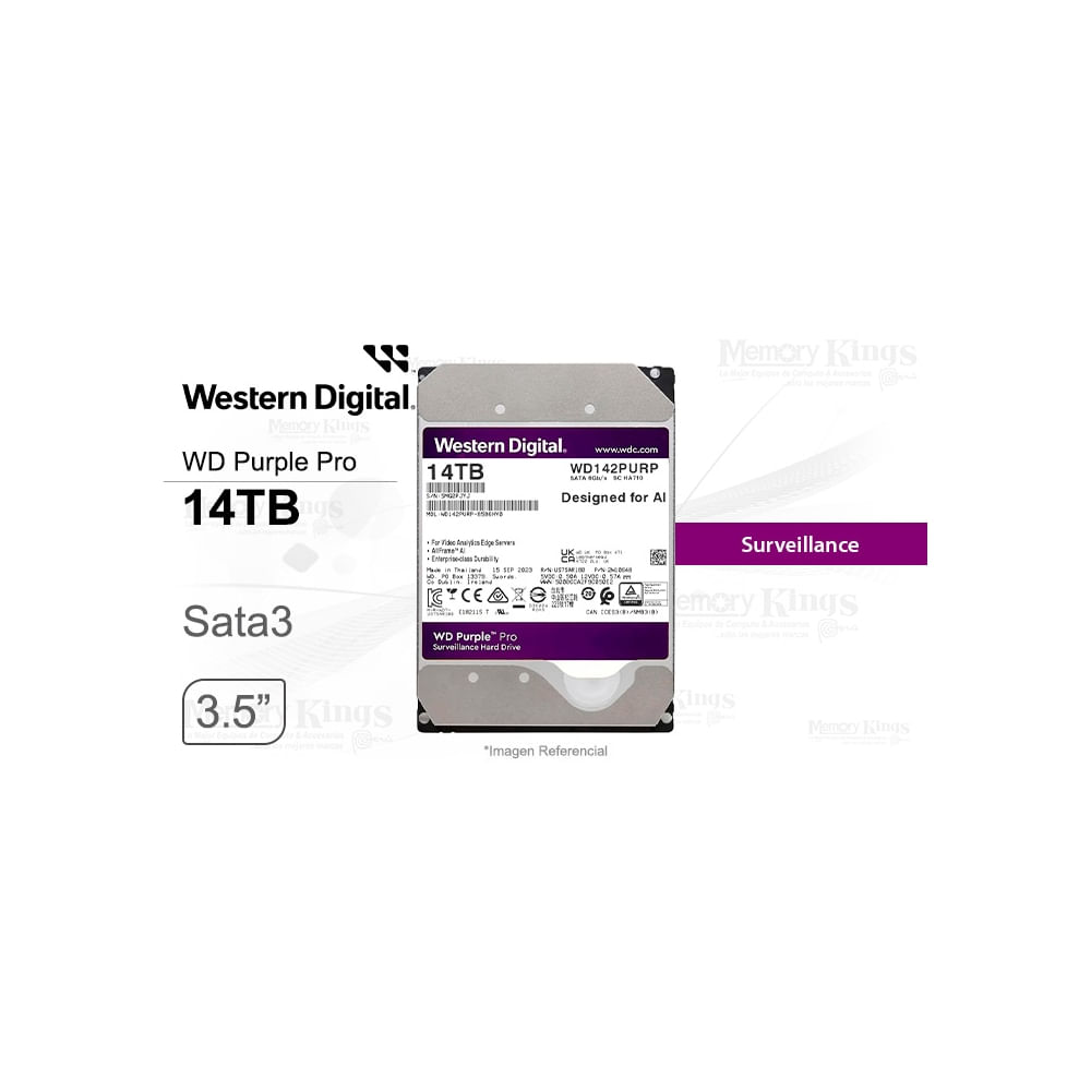 Disco duro Western Digital Purple Pro 14TB, 7200 RPM, SATA 6.0 Gb/s, 3.5"" para vigilancia