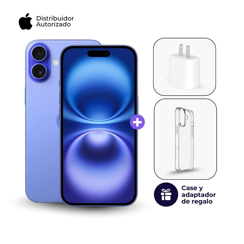 Celular iPhone 16 128GB Color Azul + Cargador Apple iPhone Tipo C de 20W + Case
