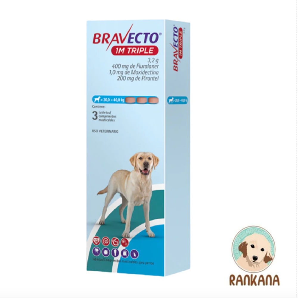 Antipulgas Bravecto 1M TRIPLE para Perros de 20 a 40 Kg x 3 Tabletas