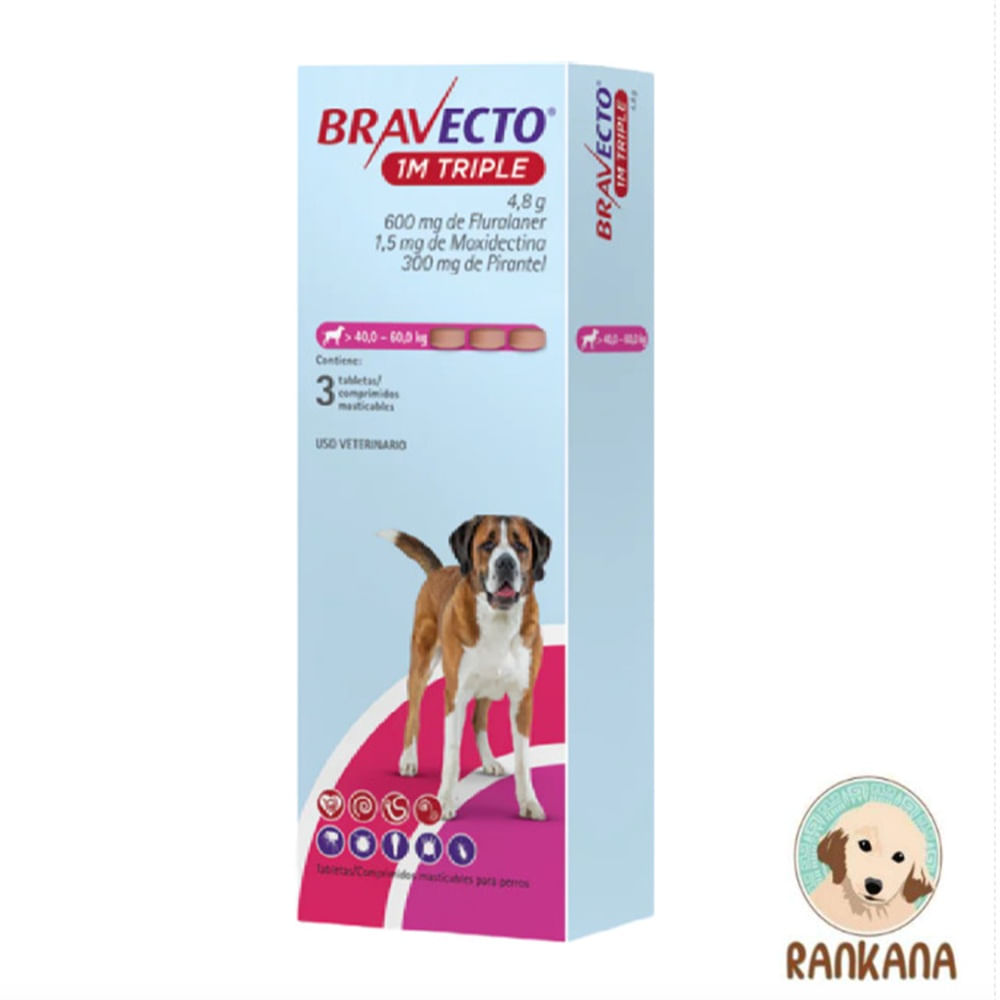 Antipulgas Bravecto 1M TRIPLE para Perros de 40 a 56 Kg x 3 Tabletas