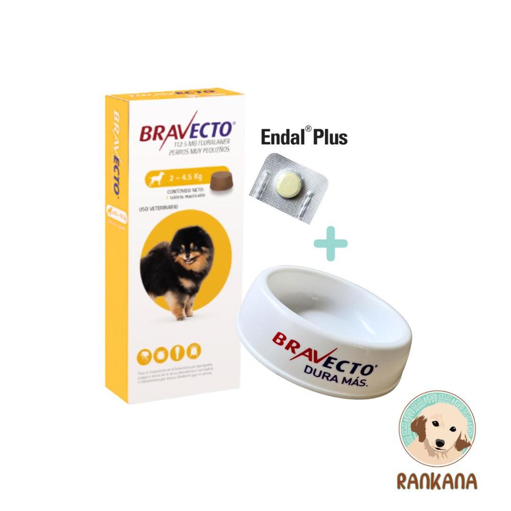 PACK Antipulgas Bravecto para Perros de 2 a 4.5 Kg + 1 Tableta* de Endal Plus + 1 Plato Bravecto